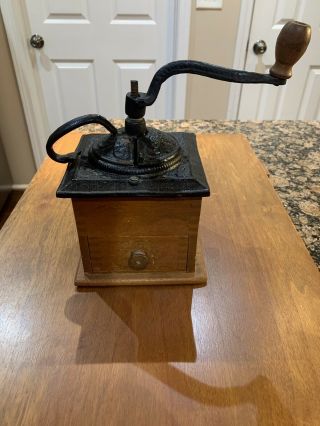 Antique Finger Jointed Wooden Coffee Grinder Cast Iron Top And Crank
