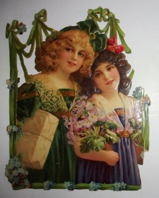 Large Antique Victorian Diecut Embossed 2 Girls Flowers Die Cut 12 X 9 1/2 171