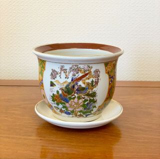 Vintage Chinese Porcelain Plant Pot Satsuma Planter With Tray 5 Ins Tall