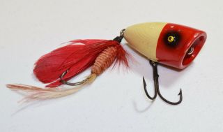 Vintage Red & White Wooden Glass Eyes Hook Fishing Lure Unknown Brand