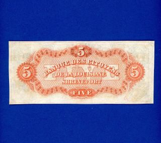 1860 ' s $5 CITIZENS BANK of LOUISIANA at Shreveport RARE CIVIL WAR CRISP GEM UNC 2