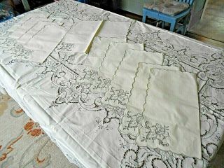Estate Antique Vintage Tablecloth 10 Napkins Outstanding Cut Work Embroidery