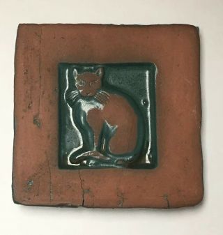 1976 Mercer Moravian Pottery & Tile Red Ware Art Tile Cat Kitten 4x4