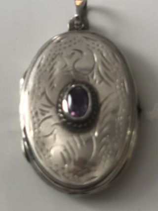 Beatiful Large Antique Sterling Silver Photo Locket Pendant With Amethyst