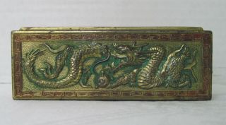 Antique Vintage Brass Postage Stamp Box With Dragon Motif Made In Japan