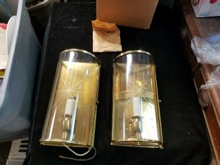 2 Vintage Brass And Glass Wired Lighted Wall Sconces Fixtures 5 - 1/2 " X 10 - 1/2 "