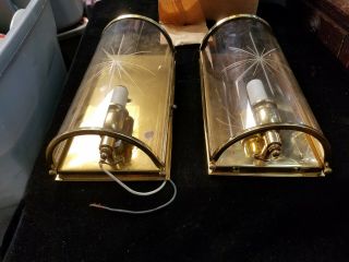 2 Vintage Brass and Glass Wired Lighted Wall Sconces Fixtures 5 - 1/2 