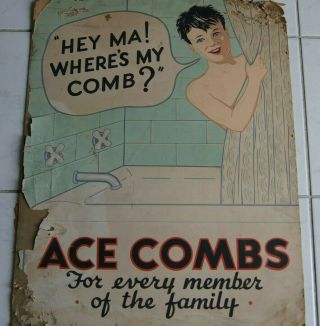 Ace Combs Advertising Sign Vintage 1940s 50s Rare Young Boy In Shower Barbershop