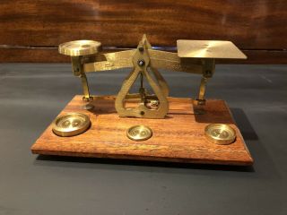 Wood & Brass Antique Scale With Weights Made In England