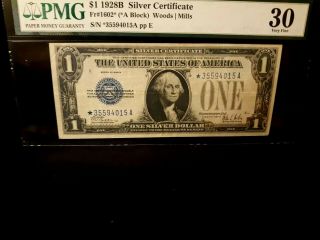 Rare 1928 B $1 Silver Certificate Star Note (a Block) Pmg 30 2