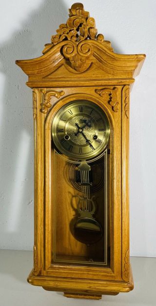 Rare 30” Vintage Light Mission Oak Wooden Wall Clock D&a Pendulum Ornate No Key