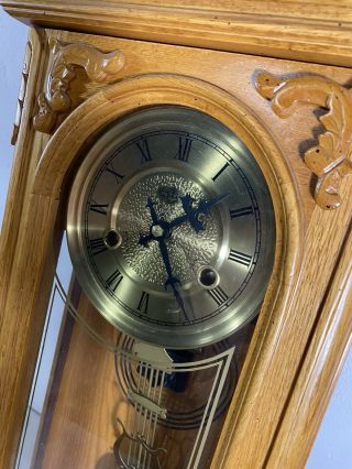 Rare 30” Vintage Light Mission Oak Wooden Wall Clock D&A Pendulum Ornate No Key 2