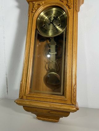 Rare 30” Vintage Light Mission Oak Wooden Wall Clock D&A Pendulum Ornate No Key 3