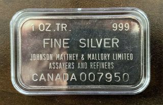 Johnson Matthey Mallory Rare 1 Oz Silver Bar (s/n 007950)