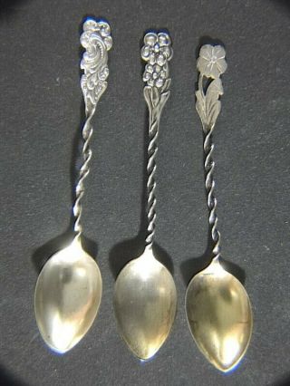 3 Vintage Sterling Silver Demitasse Spoons Twisted Flower Top Handles