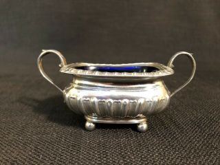 Antique Sterling Silver T.  Hayes Two Handled Salt Pot With Blue Glass Liner C1887