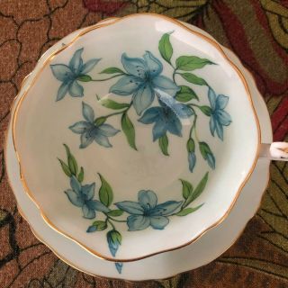 Rare Antique Paragon Pale Green Bone China Tea Cup & Saucer Blue Bell Flowers