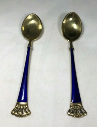 2 Ela Denmark Sterling Silver Gilt Cobalt Blue Enamel Demitasse Spoons