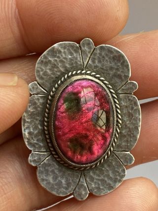 Antique Solid Silver Mark Red Glass Art And Craft Silver Brooch