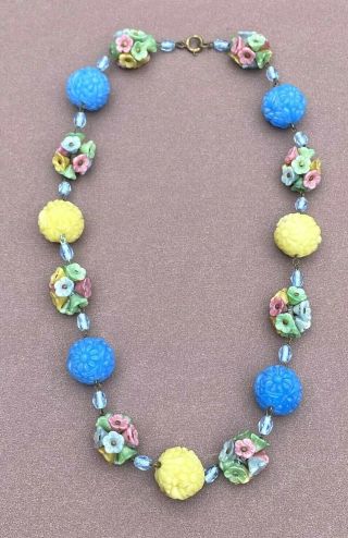 Antique Vintage Glass Flower Beads Necklace 1940 