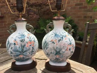 Pair Antique Chinese Moon Flask Vase Lamp Bases