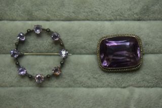 2 Antique Silver Brooches Set With Amethyst And Paste