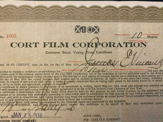 1916 CORT FILM CORPORATION Stock Early Theater & Film Seattle John Cort RARE 2