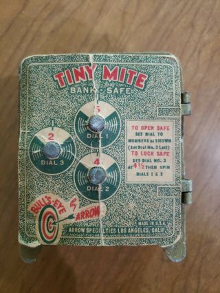 Antique Tiny Mite Piggy Bank Safe Arrow Specialties Opens Metal.  Made In Usa.