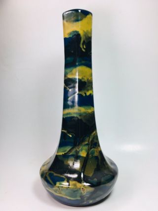Rare Vintage Peters & Reed Pottery Blue And Yellow " Marbelized " Vase Drip Glaze