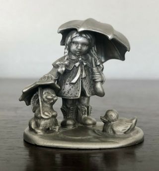 Rare Hudson Pewter Schmid Shelter From The Storm Girl Child Animal Rain Figurine