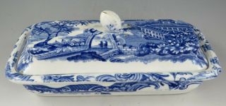 Antique Pottery Pearlware Blue Transfer Chinese Marine Razor Box & Cover 1830