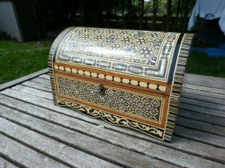 Lovely Ornate Vintage Mother Of Pearl & Wood Dome Top Jewellery Box With Key