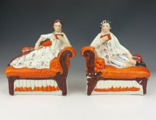 Antique Staffordshire Pottery - Man & Woman Reading On Sofas Figures