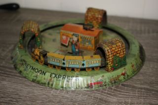 Antique Tin Litho Wind Up Toy MARX HONEYMOON EXPRESS Rare Version with flagger 3