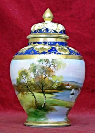 Antique Noritake Porcelain Vase & Cover,  Hand - Painted Scenes,  Marked
