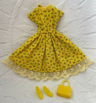 Vintage Barbie Clone Clothes Outfit Yellow Hearts Flowers Calico Dress Lace Trim