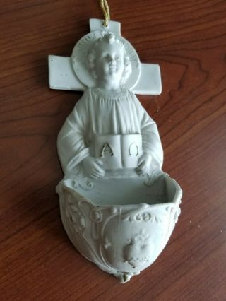 Antique French Religious Old Porcelain Bisque Holy Water Font Rare Wall Mount