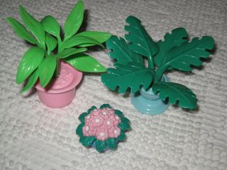 3 Vtg Mattel Barbie House Pink Blue Pot Potted Plant Tree Flowers Miniature