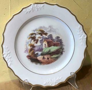 Antique English Hand Painted Porcelain Plate,  Landscape Scene,  C.  1815