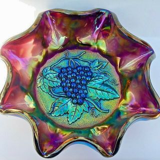 Antique Imperial Glass Bowl Electric Purple Grapes Carnival Glass Ruffled Edge