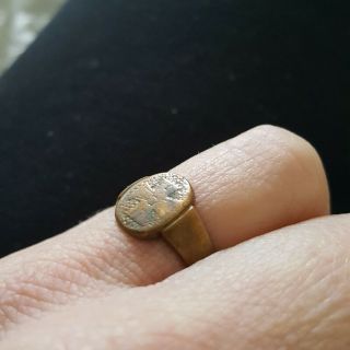 British Medieval Bronze Finger Ring With A Cross Design 13th - 14th C.  Crusader?