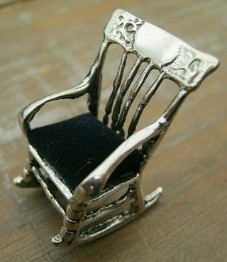 Miniature Antique Style Sterling Silver Rocking Chair Pin Cushion Blue Velvet