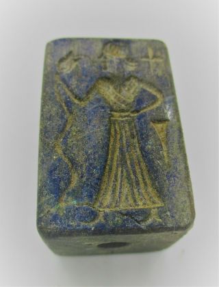 Ancient Near Eastern Lapis Lazuli Carved Bead Seal With Impressions