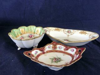 Good Set Of Three Antique Noritake Porcelain Hand Painted Dishes.  C1900.