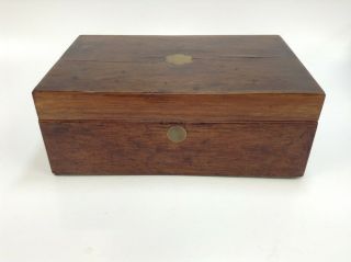 Antique Wooden Oak/ Brass Inlaid Writing Jewellery Trinket Box W/ Removable Tray