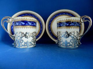 Antique Royal Worcester Coffee Cans Silver Mounts C1918 Mappin & Webb