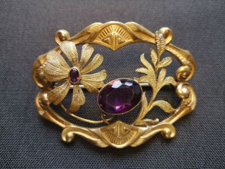 Antique Glp Large Art Nouveau Floral Gilt Sash Pin With Amethyst Glass [210]