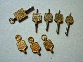 Eight (8) Antique Advertising Pocket Watch Brass Keys In