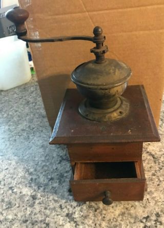 Wood And Cast Iron Antique Hand Crank Coffee Grinder Vintage Rare