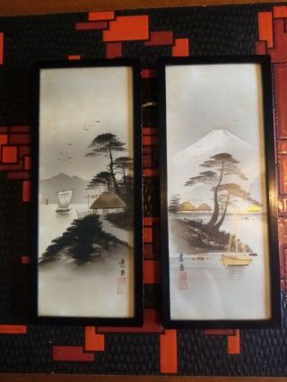Chinese Gold And Ink Paintings 1920s Great Gold Detail Oriental Pair Vintage